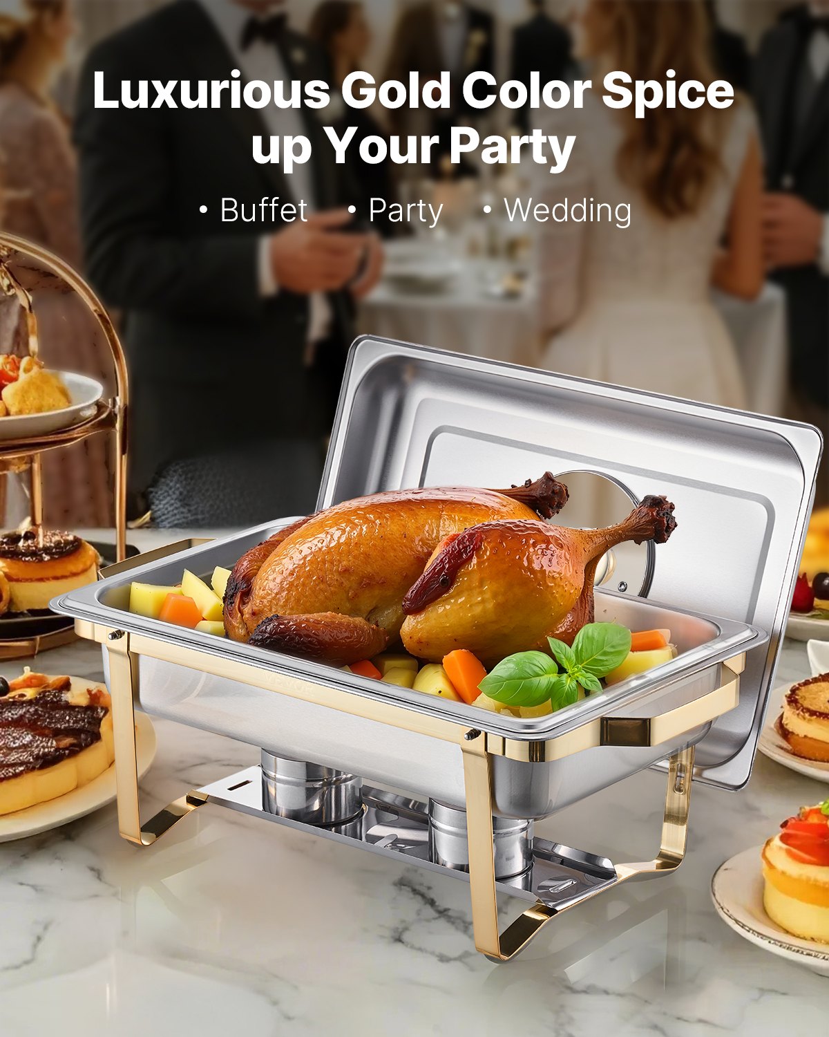 Chafing Dish Buffet Set, 8 Qt 4 Pack, Stainless Steel Chafer with 4 Full Size Pans, Rectangle Catering Warmer Server with Glass Lid Water Pan Folding Stand Fuel Holder, for Wedding Party Banquet