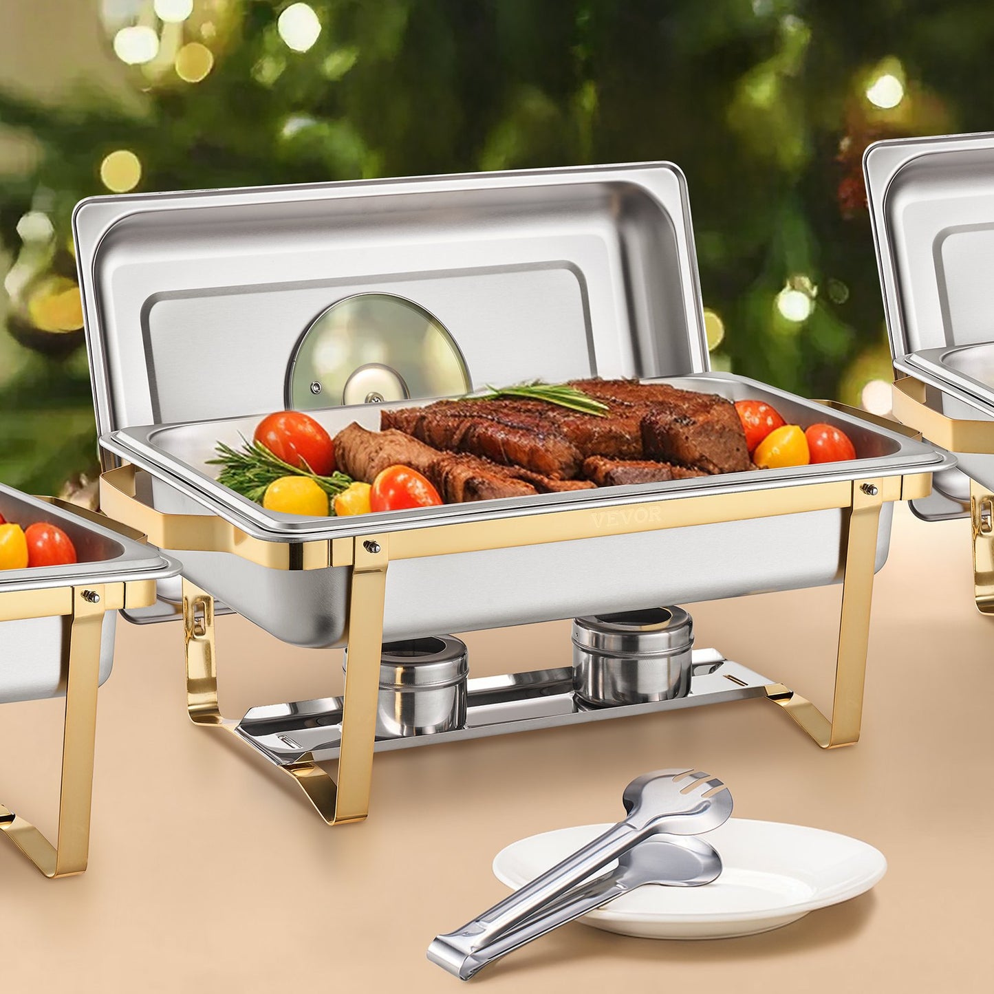 Chafing Dish Buffet Set, 8 Qt 4 Pack, Stainless Steel Chafer with 4 Full Size Pans, Rectangle Catering Warmer Server with Glass Lid Water Pan Folding Stand Fuel Holder, for Wedding Party Banquet