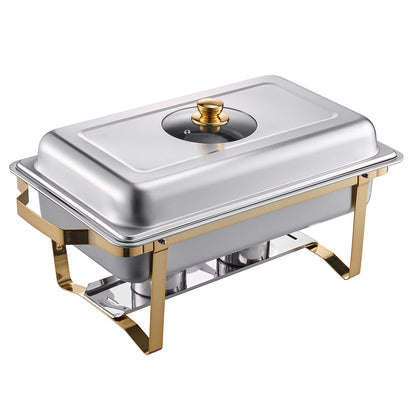Chafing Dish Buffet Set, 8 Qt 4 Pack, Stainless Steel Chafer with 4 Full Size Pans, Rectangle Catering Warmer Server with Glass Lid Water Pan Folding Stand Fuel Holder, for Wedding Party Banquet