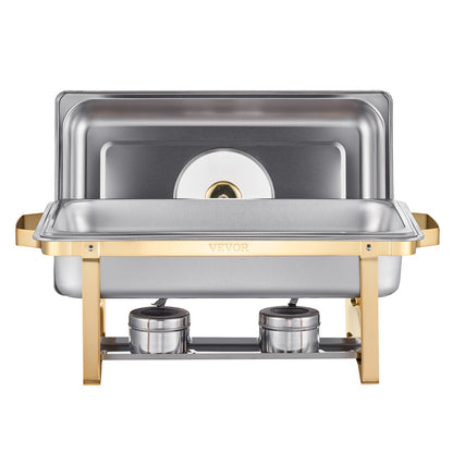 Chafing Dish Buffet Set, 8 Qt 4 Pack, Stainless Steel Chafer with 4 Full Size Pans, Rectangle Catering Warmer Server with Glass Lid Water Pan Folding Stand Fuel Holder, for Wedding Party Banquet