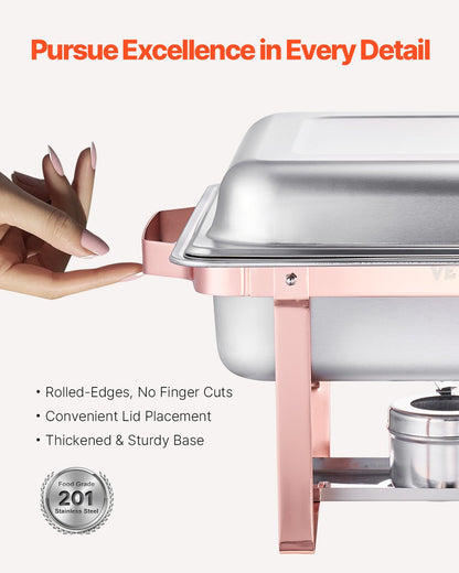 Varmfatbufféset, 8 liter, 2-pack, rostfritt stålvärmare med 2 fullstora stekpannor, rektangulär cateringvärmare med lock, vattenpanna, bränslehållare, för bröllopsfest, bankett, roséguld