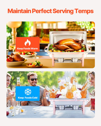 Varmfatbufféset, 8 liter, 2-pack, rostfritt stålvärmare med 2 fullstora stekpannor, rektangulär cateringvärmare med lock, vattenpanna, bränslehållare, för bröllopsfest, bankett, roséguld