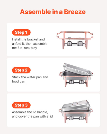 Varmfatbufféset, 8 liter, 2-pack, rostfritt stålvärmare med 2 fullstora stekpannor, rektangulär cateringvärmare med lock, vattenpanna, bränslehållare, för bröllopsfest, bankett, roséguld