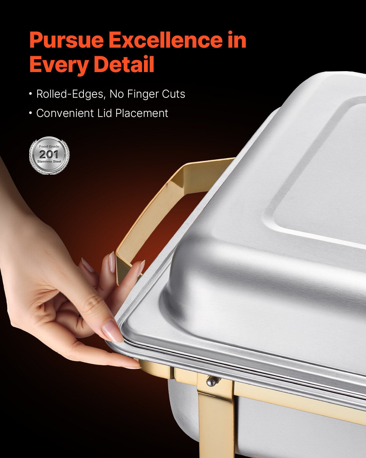 Varmdiskbufféset, 8 liter, 4-pack, rostfritt stålvärmare med 2 fullstora och 4 halvstora kastruller, rektangulär cateringvärmare med lock och vattenkastrullställ, för bröllop, fester och banketter, guld