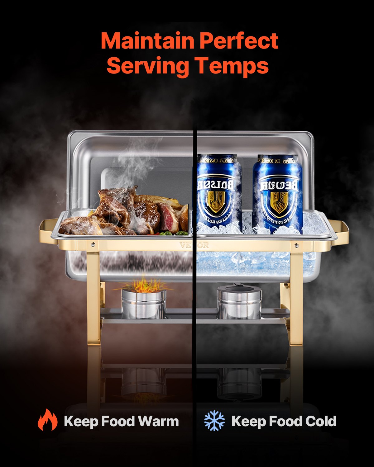 Varmdiskbufféset, 8 liter, 4-pack, rostfritt stålvärmare med 2 fullstora och 4 halvstora kastruller, rektangulär cateringvärmare med lock och vattenkastrullställ, för bröllop, fester och banketter, guld