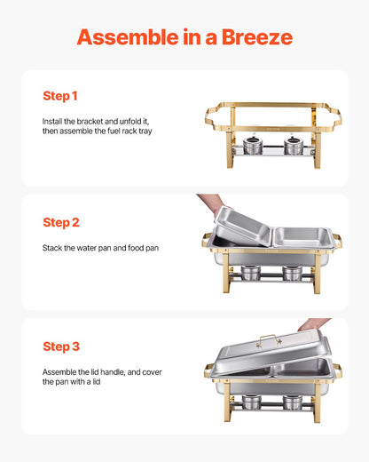 Varmdiskbufféset, 8 liter, 4-pack, rostfritt stålvärmare med 2 fullstora och 4 halvstora kastruller, rektangulär cateringvärmare med lock och vattenkastrullställ, för bröllop, fester och banketter, guld