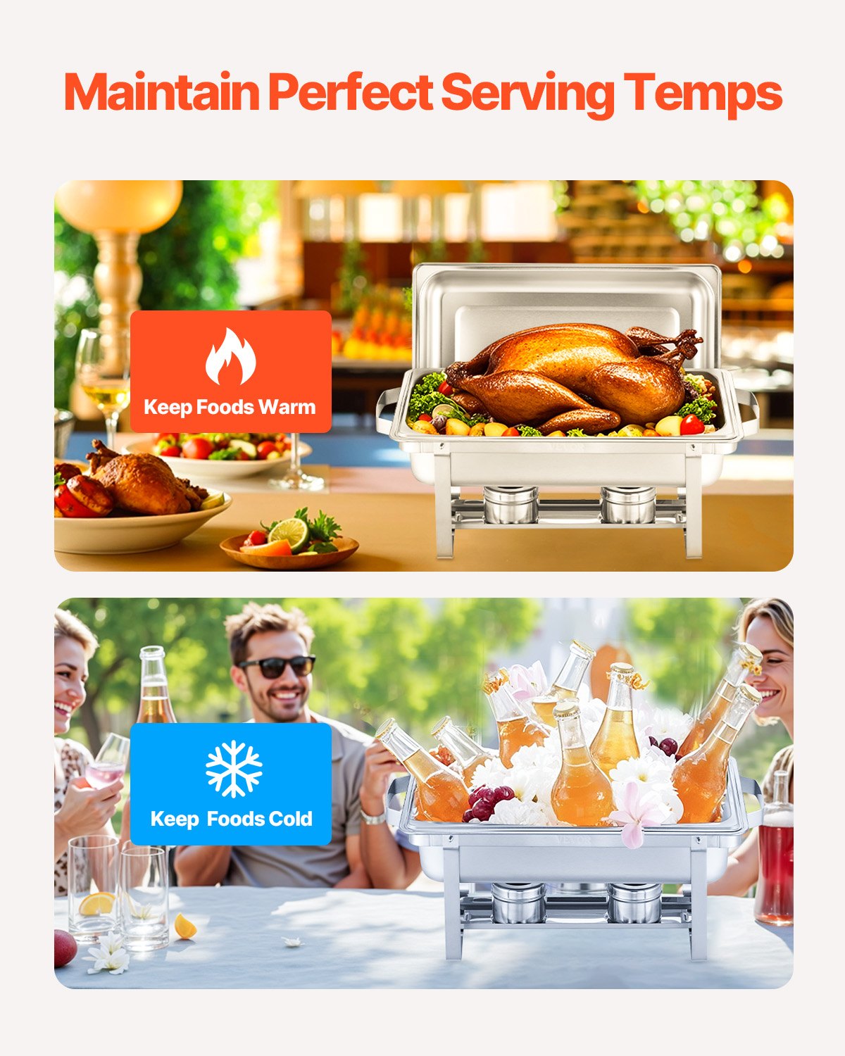 Varmdiskbufféset, 8 liter, 4-pack, rostfritt stålvärmare med 4 fullstora stekpannor, rektangulär cateringvärmare med lock, vattenkastrullställ, bränslehållare, för bröllop, fester, banketter, silver