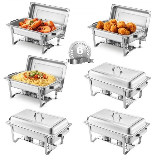 Chafing Dish Buffet Set, 8 Qt 6 Pack, Stainless Steel Chafer with 6 Full Size Pans, Rectangle Catering Warmer Server with Lid Water Pan Stand Fuel Holder, for Weddings Parties Banquets, Silver