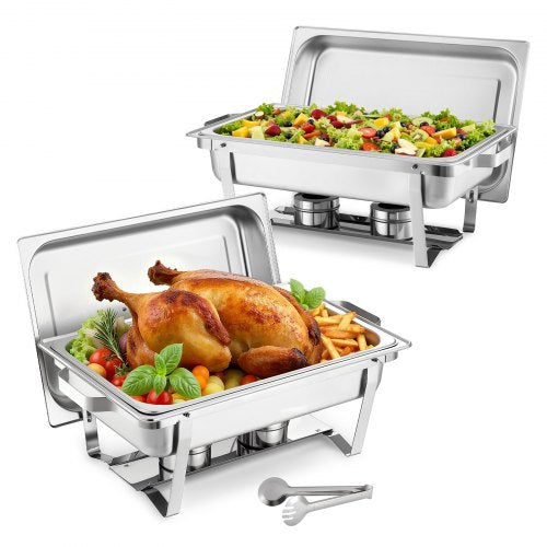 Rectangle Chafing Dish, 8.5L 2 Pack Stainless Steel Chafing Dish, Food Warmer Chafer Complete Set with Hollow Handle, 1 Food Tongs, Lid, Fuel Holder, Chafer Dishes for Banquet Party Wedding