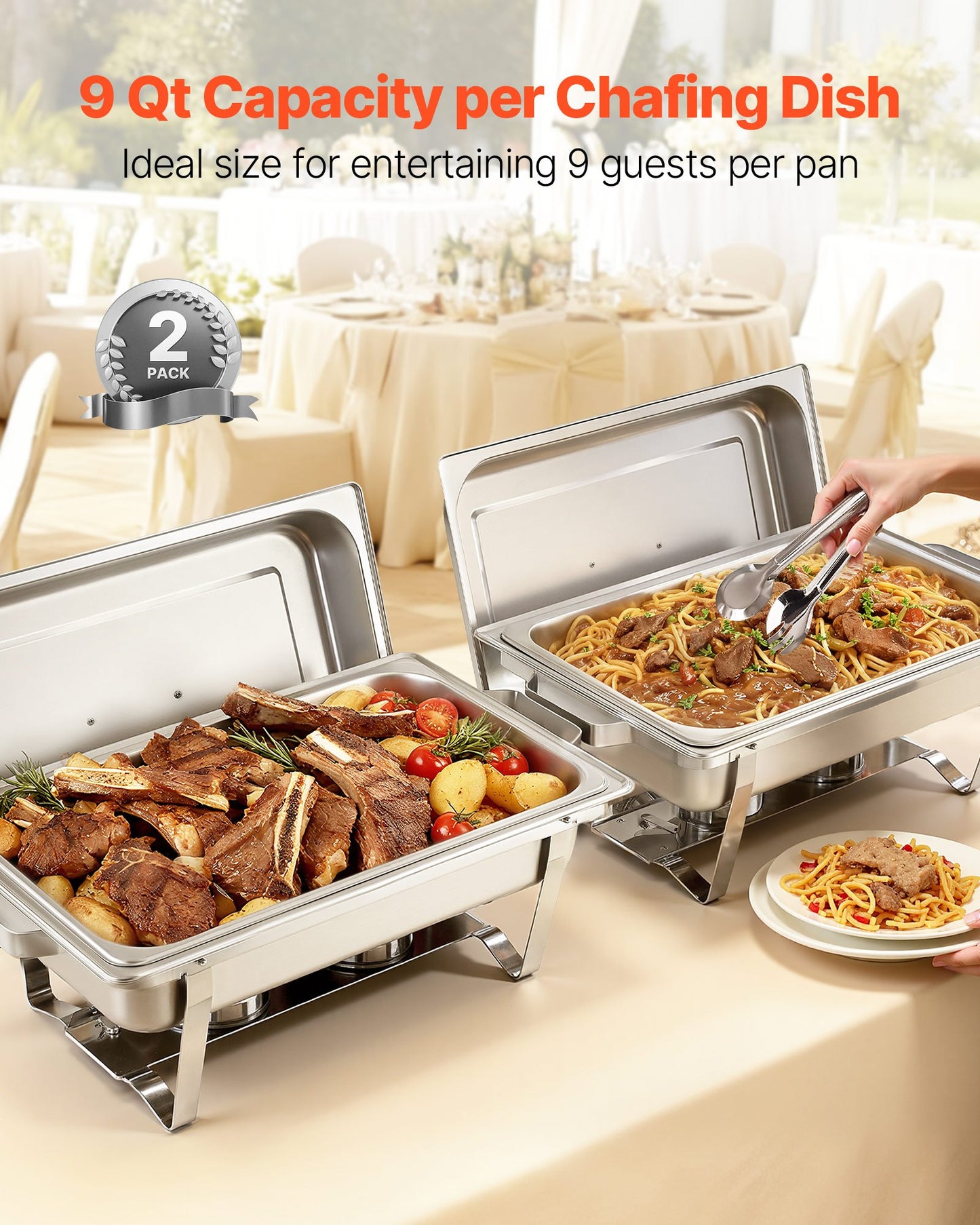 Rectangle Chafing Dish, 8.5L 2 Pack Stainless Steel Chafing Dish, Food Warmer Chafer Complete Set with Hollow Handle, 1 Food Tongs, Lid, Fuel Holder, Chafer Dishes for Banquet Party Wedding