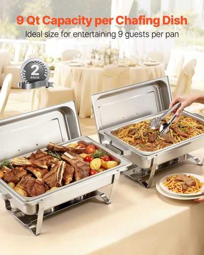 Rectangle Chafing Dish, 8.5L 2 Pack Stainless Steel Chafing Dish, Food Warmer Chafer Complete Set with Hollow Handle, 1 Food Tongs, Lid, Fuel Holder, Chafer Dishes for Banquet Party Wedding