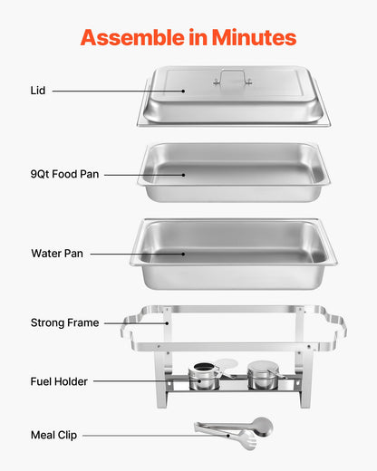 Rectangle Chafing Dish, 8.5L 2 Pack Stainless Steel Chafing Dish, Food Warmer Chafer Complete Set with Hollow Handle, 1 Food Tongs, Lid, Fuel Holder, Chafer Dishes for Banquet Party Wedding