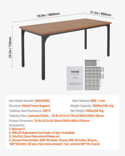 Rectangle Dining Table, 71 inch Length Large Wood Tables for 6-8 Person, Farmhouse Dinner Furniture, Rustic Conference Desk with Iron Legs, for Home Kitchen Living Room, Brown(Only Table)