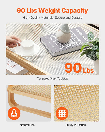 Rattan Coffee Table, Rectangle Rattan Woven Wood Coffee Table with Tempered Glass Top, 45-Inch Modern Boho Storage Coffee Table with Natural Wood Legs, for Living Room, Bedroom & Small Spaces