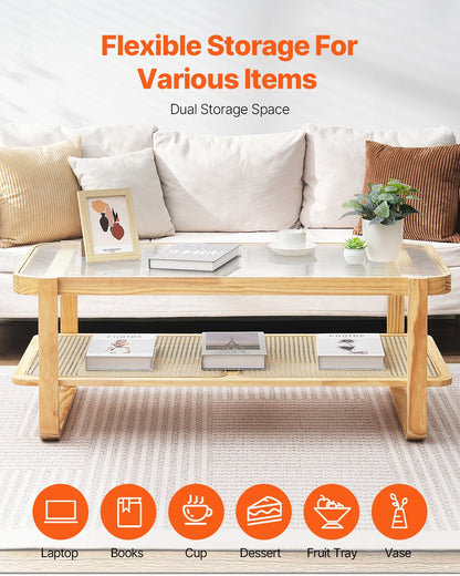 Rattan Coffee Table, Rectangle Rattan Woven Wood Coffee Table with Tempered Glass Top, 45-Inch Modern Boho Storage Coffee Table with Natural Wood Legs, for Living Room, Bedroom & Small Spaces