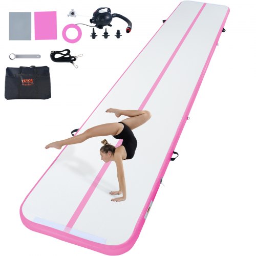 Gymnastikluftmatta, 10 cm tjock uppblåsbar gymnastikmatta, tumlingsbana med elektrisk pump, träningsmattor för hemmabruk/gym/yoga/cheerleading/strand/park/vatten, 6 meter, rosa