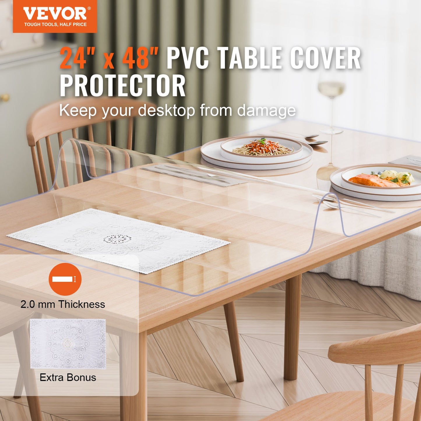 Plastic Table Cover, 24 x 48 Inch 2.0 mm Thick Clear Table Protector, Rectangle PVC Desk Mat, Waterproof & Easy Cleaning Desk Pad Tablecloth, for Office Dresser Dining Room Table Night Stand