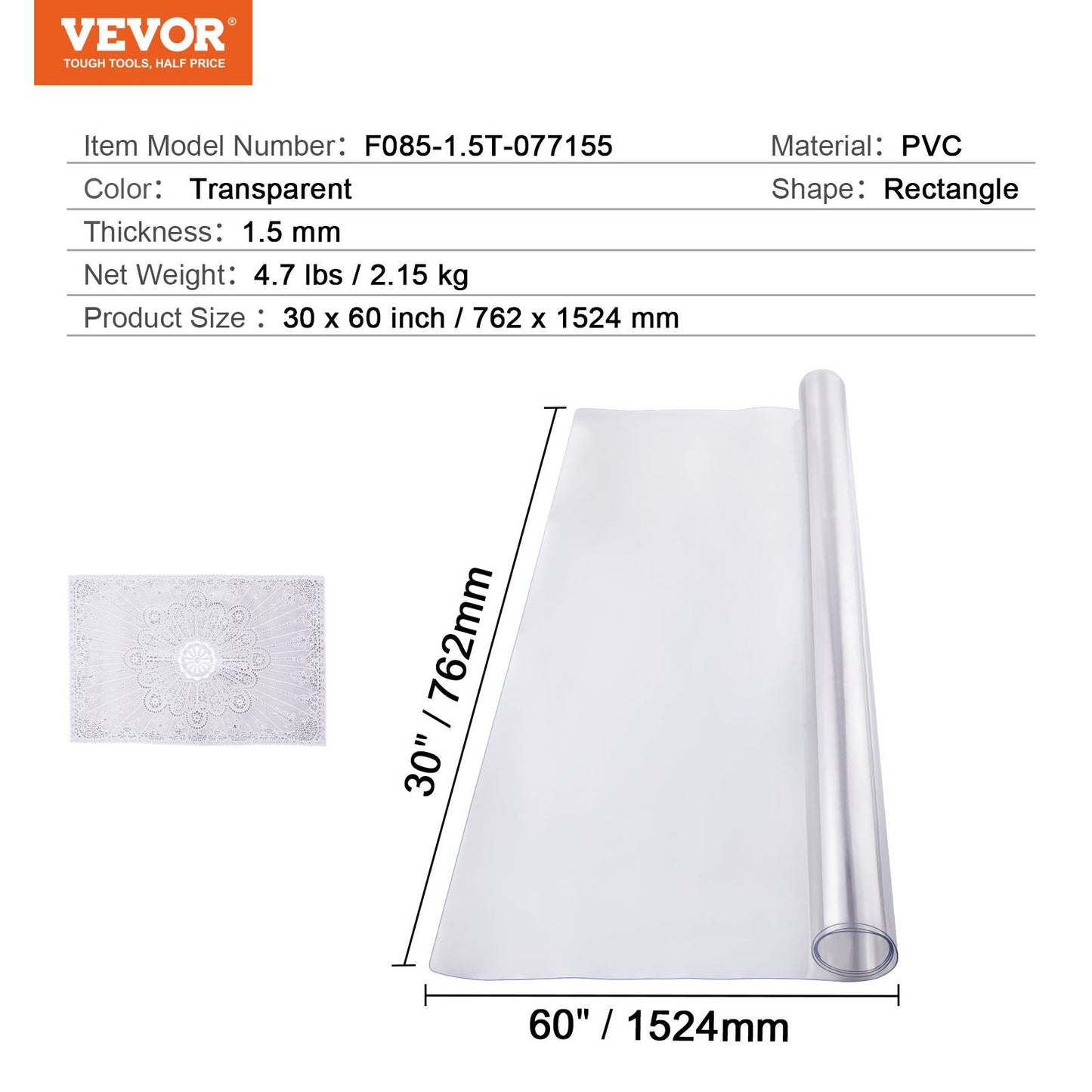 Plastic Table Cover, 30 x 60 Inch 1.5 mm Thick Clear Table Protector, Rectangle PVC Desk Mat, Waterproof & Easy Cleaning Desk Pad Tablecloth, for Office Dresser Dining Room Table Night Stand