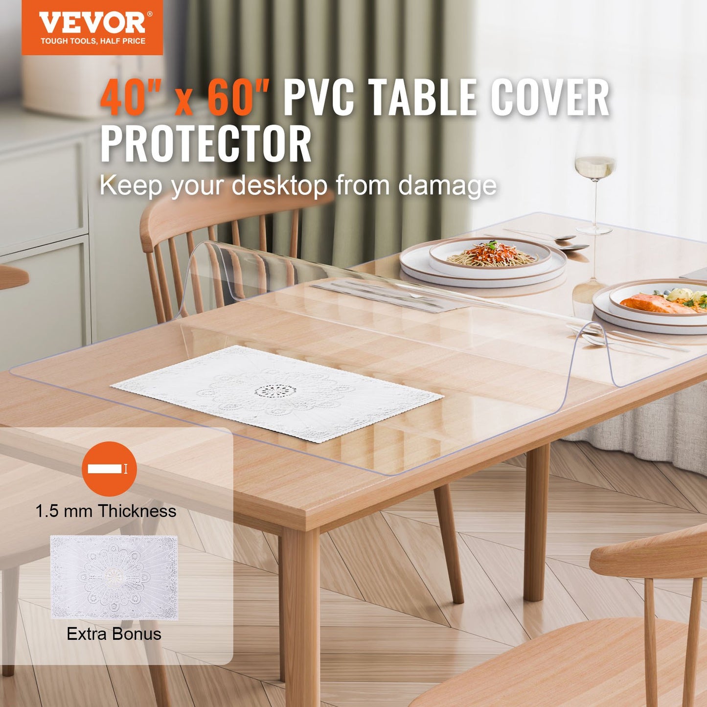 Plastic Table Cover, 40 x 60 Inch 1.5 mm Thick Clear Table Protector, Rectangle PVC Desk Mat, Waterproof & Easy Cleaning Desk Pad Tablecloth, for Office Dresser Dining Room Table Night Stand
