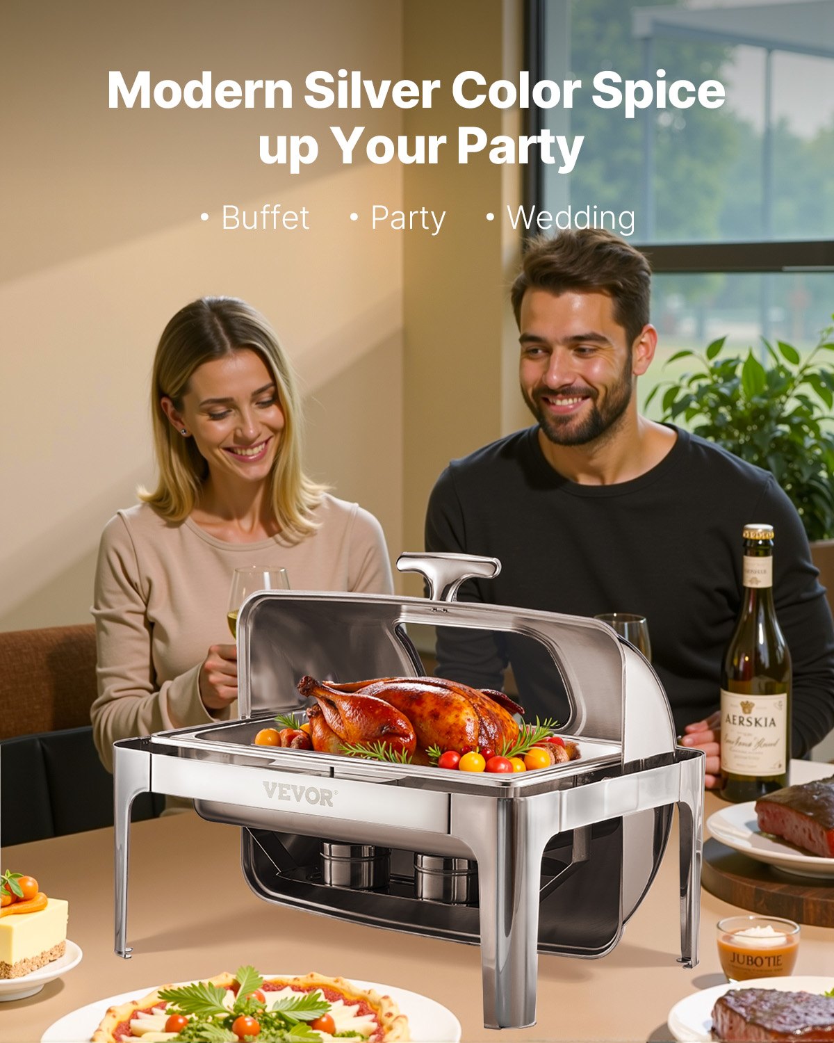 Komplett set med roll top-värmare för buffé, 9 qt 1-pack rostfritt stålvärmare med 2 halvstora kastruller, rektangulär cateringvärmare med synligt lock, vattenpanna, hopfällbart stativ, bränslehållare, silver