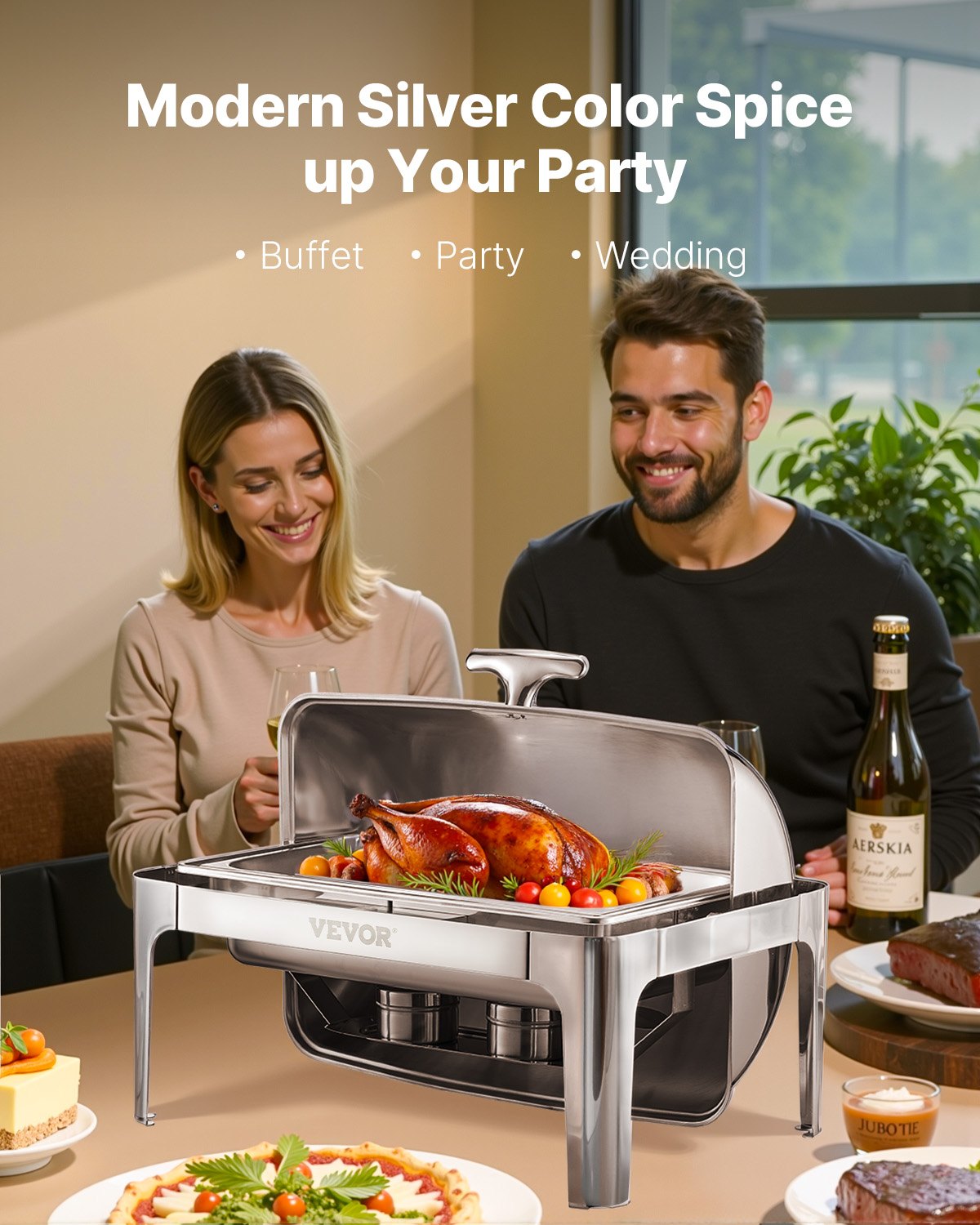 Komplett set med roll-top-värmare för buffé, 9 liter rostfritt stålvärmare med fullstor kastrull, rektangulär cateringvärmare med lock, vattenpanna, hopfällbart stativ, bränslehållare, måltidsklämma, silver