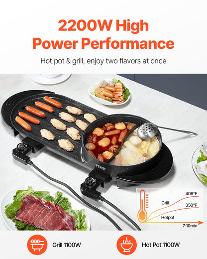 Hot Pot with Grill, 2200W 2-in-1 Electric Smokeless Grill and Hot Pot, Korean BBQ Shabu Shabu Hotpot with Separate Dual Temperature Control, Non-stick Pan, for 1-6 People Family Dinning