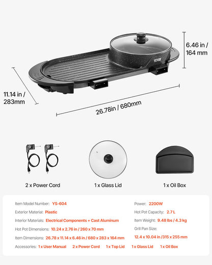 Hot Pot with Grill, 2200W 2-in-1 Electric Smokeless Grill and Hot Pot, Korean BBQ Shabu Shabu Hotpot with Separate Dual Temperature Control, Non-stick Pan, for 1-6 People Family Dinning