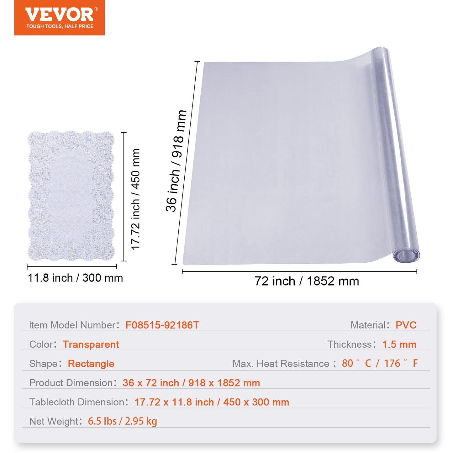 Clear Table Cover Protector, 36" x 72" Table Cover, 1.5 mm Thick PVC Plastic Tablecloth, Waterproof Desktop Protector for Writing Desk, Coffee Table, Dining Room Table