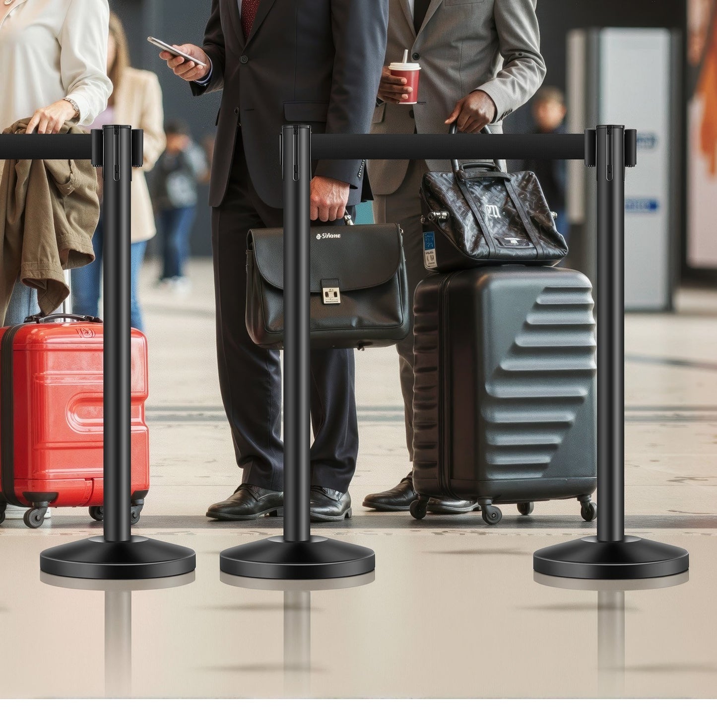 Stolpe, 4 st. avspärrningsbarriär för folkmassor med 4 utdragbara remmar, svart kolstålskö med sandinjektionsbas ihålig bas för teatrar, fester, bröllop, utställningar, svart