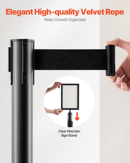 Stolpe, 8 st. avspärrningsbarriär med 8 utdragbara remmar och 2 skylthållare, kö av kolstål med sandinjektionsbas för teater, fest, bröllop, utställning