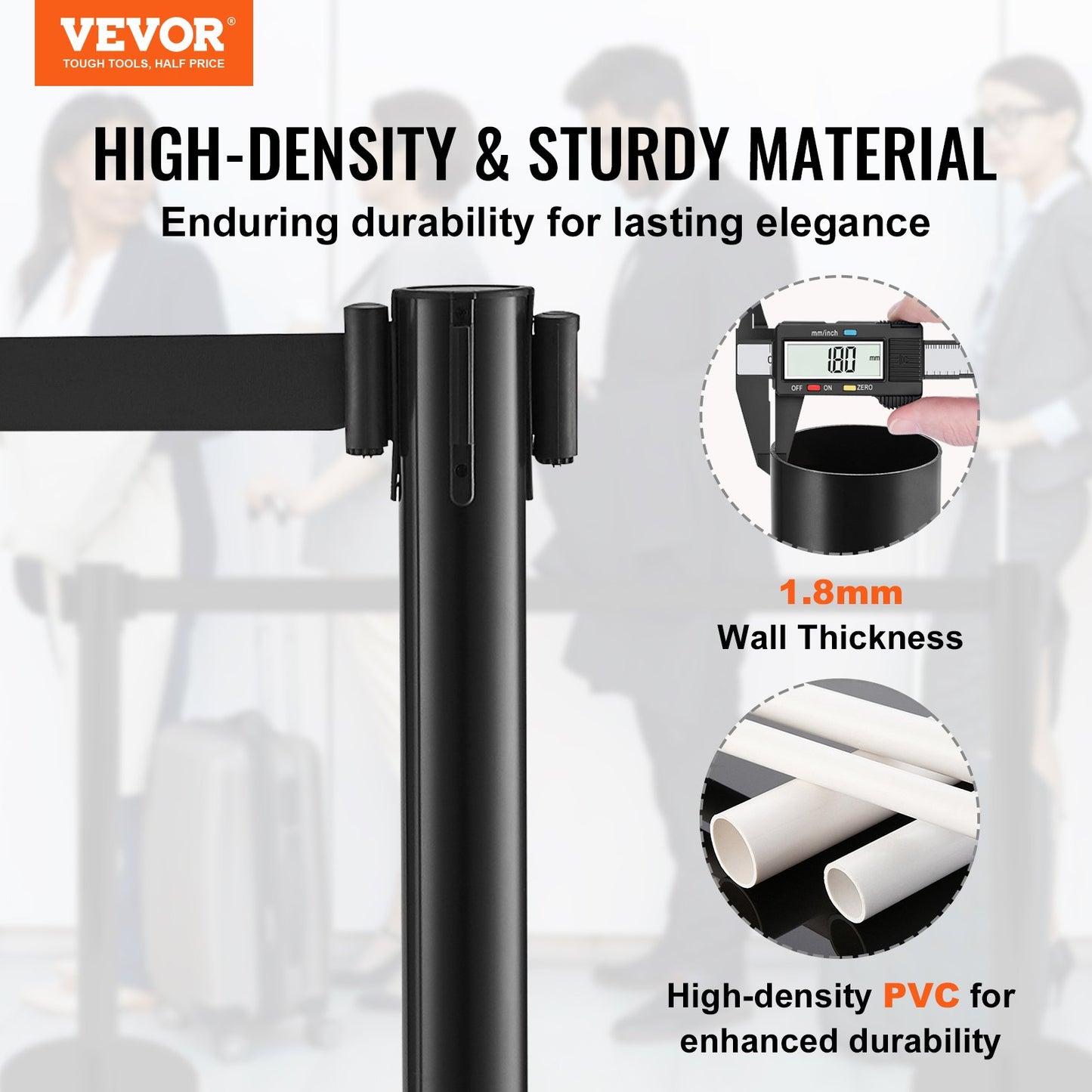 Avspärrningsstolpar för publikstyrning, 6-pack avspärrningsbarriärer med 3 st. 6,5 fot svarta infällbara remmar, köstolpe i plast, avspärrningsstolpset för avspärrningsband, utställning