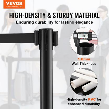 Avspärrningsstolpar för publikstyrning, 6-pack avspärrningsbarriärer med 3 st. 6,5 fot svarta infällbara remmar, köstolpe i plast, avspärrningsstolpset för avspärrningsband, utställning