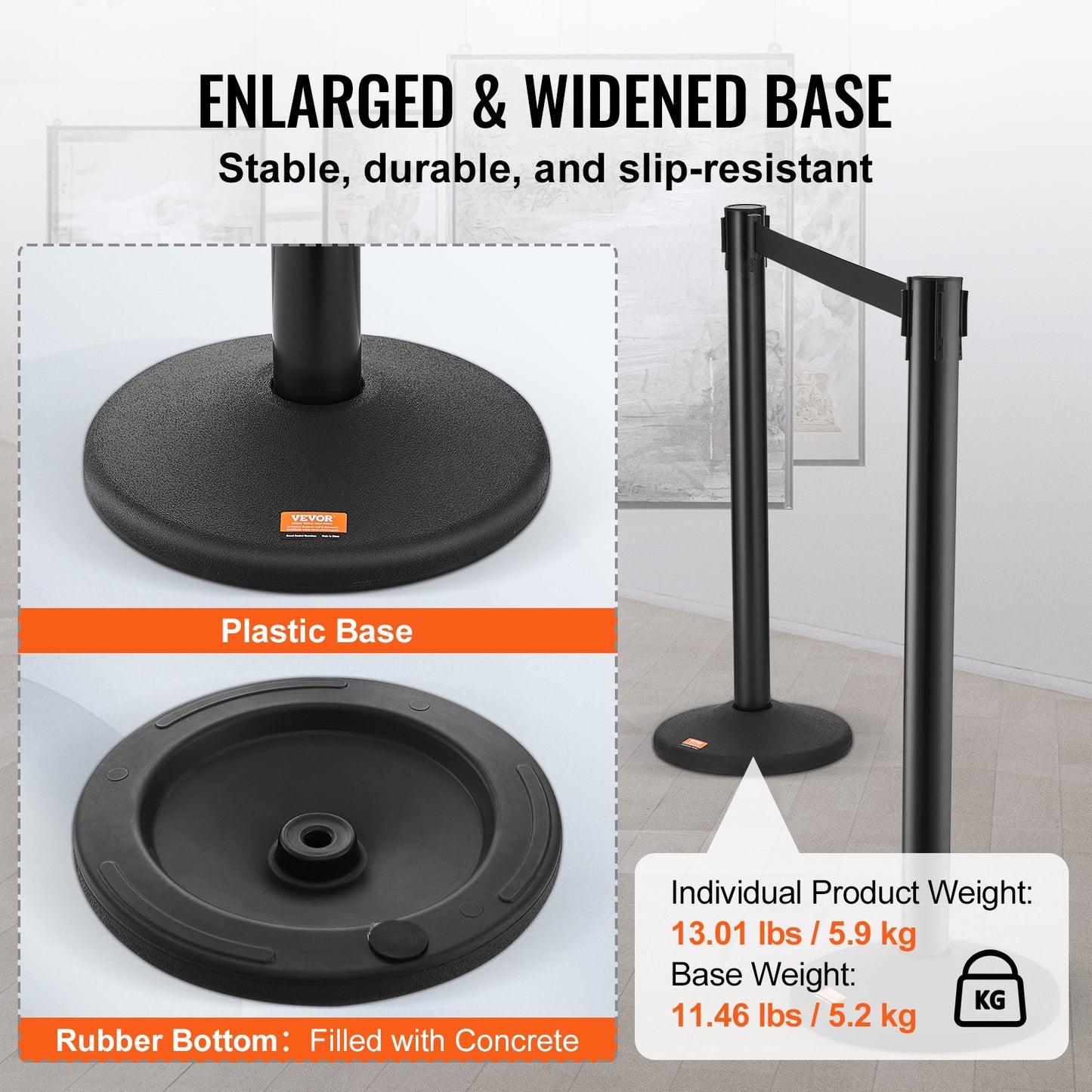 Avspärrningsstolpar för publikstyrning, 6-pack avspärrningsbarriärer med 3 st. 6,5 fot svarta infällbara remmar, köstolpe i plast, avspärrningsstolpset för avspärrningsband, utställning