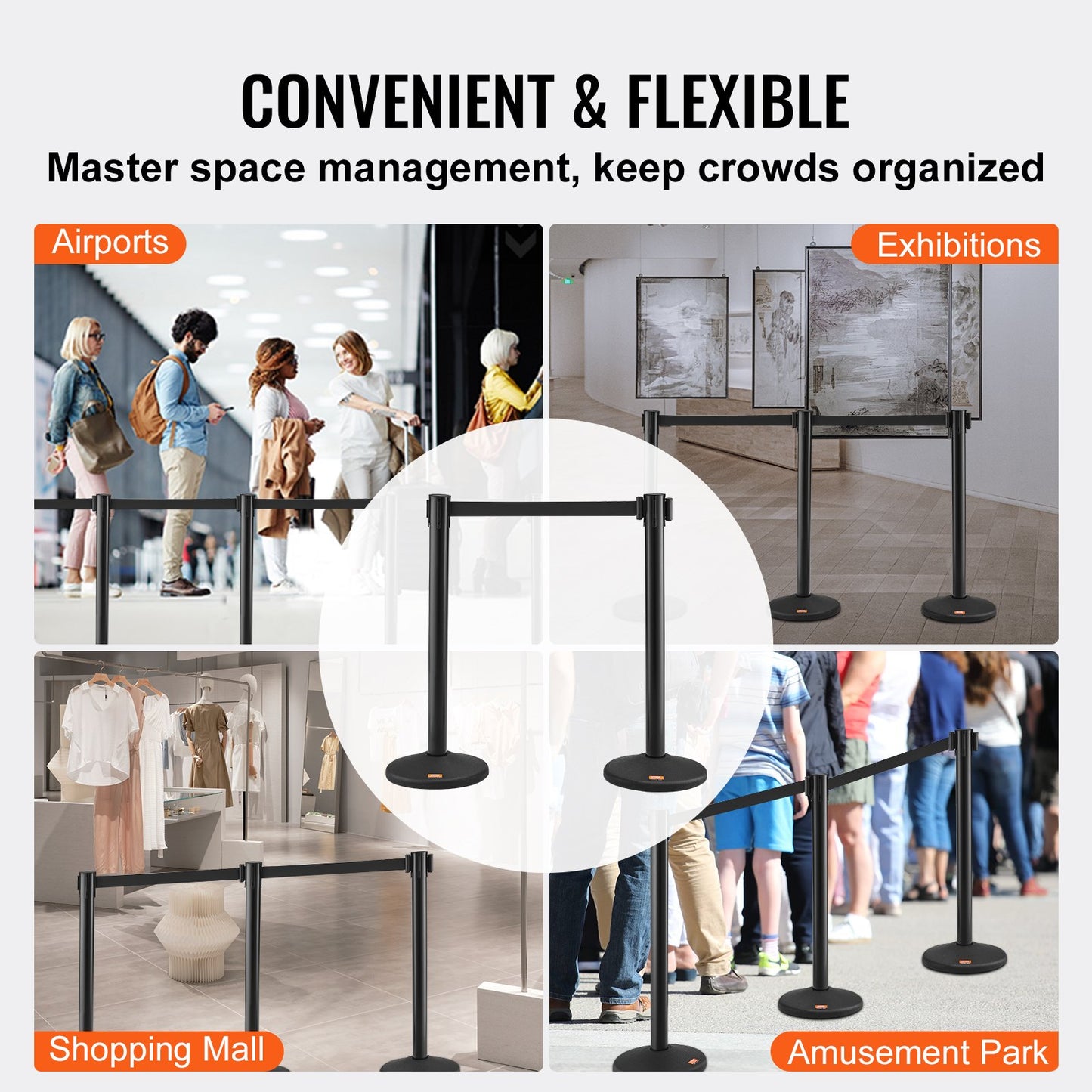 Avspärrningsstolpar för publikstyrning, 6-pack avspärrningsbarriärer med 3 st. 6,5 fot svarta infällbara remmar, köstolpe i plast, avspärrningsstolpset för avspärrningsband, utställning