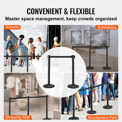 Avspärrningsstolpar för publikstyrning, 6-pack avspärrningsbarriärer med 3 st. 6,5 fot svarta infällbara remmar, köstolpe i plast, avspärrningsstolpset för avspärrningsband, utställning