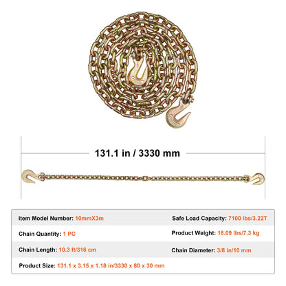 G80 transportkedja, 3/8" x 10,3' bogserkedja med gaffelkrokar, 7100 lbs säker arbetsbelastning, kraftig släpvagnskedja för transport av bindningsutrustning för dragbilar