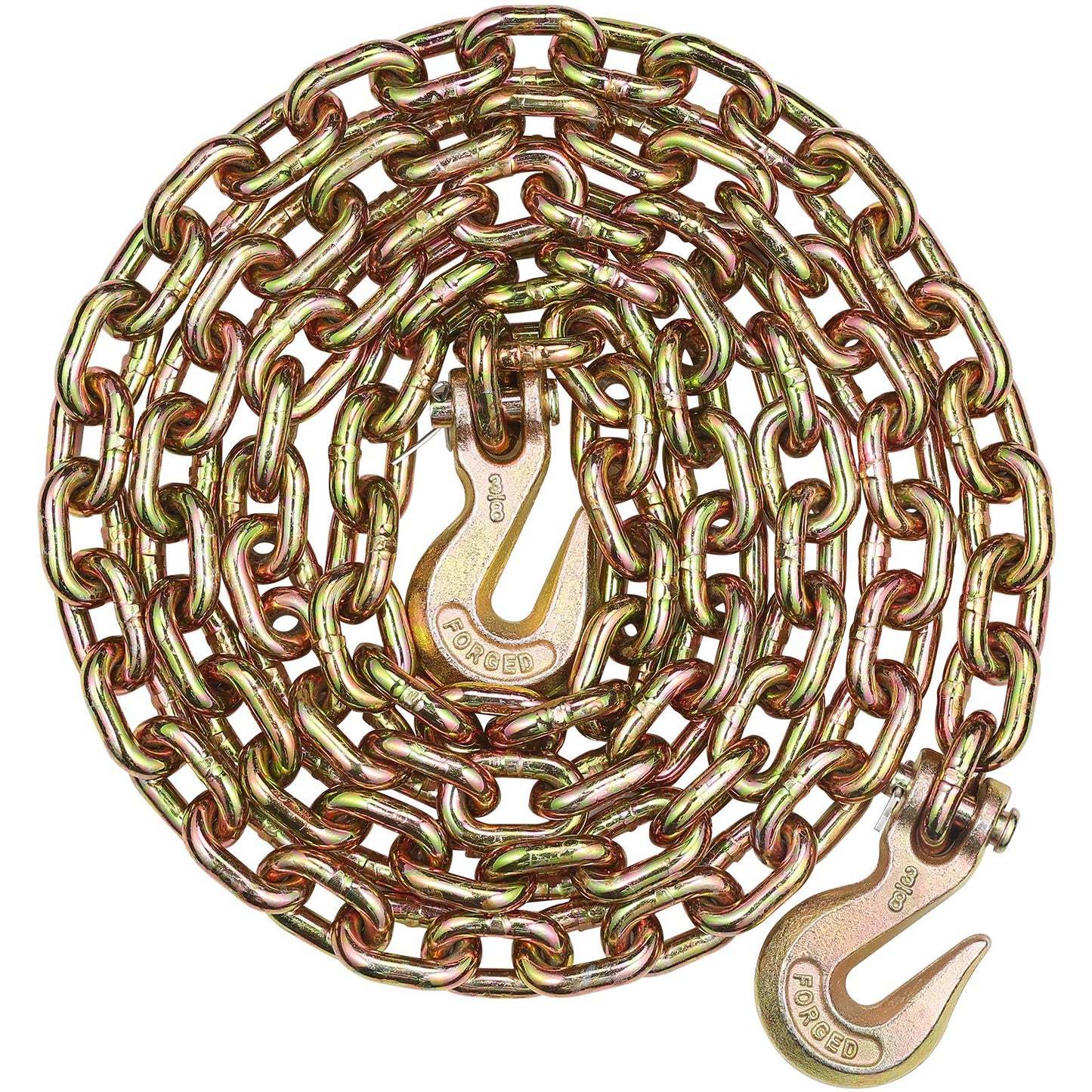 G80 transportkedja, 3/8" x 10,3' bogserkedja med gaffelkrokar, 7100 lbs säker arbetsbelastning, kraftig släpvagnskedja för transport av bindningsutrustning för dragbilar