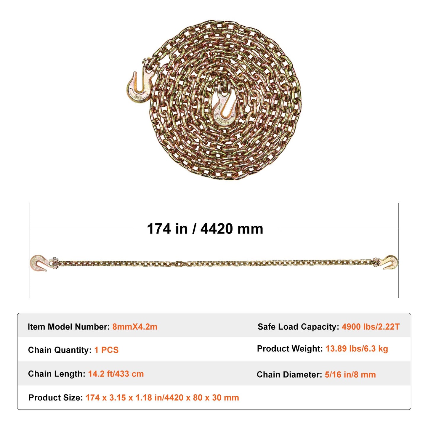 G80 transportkedja, 5/16" x 14,2' bogserkedja med gaffelkrokar, 4900 lbs säker arbetsbelastning, kraftig släpvagnskedja för transport av bindningsutrustning för dragbilar