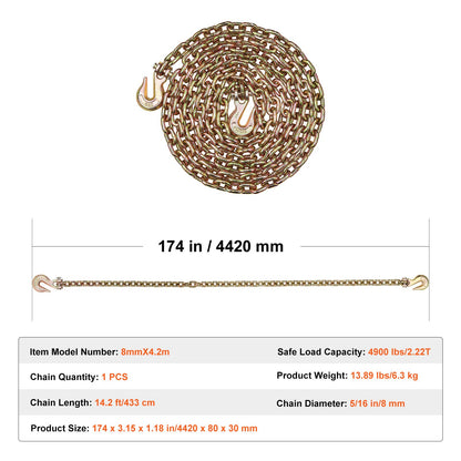 G80 transportkedja, 5/16" x 14,2' bogserkedja med gaffelkrokar, 4900 lbs säker arbetsbelastning, kraftig släpvagnskedja för transport av bindningsutrustning för dragbilar