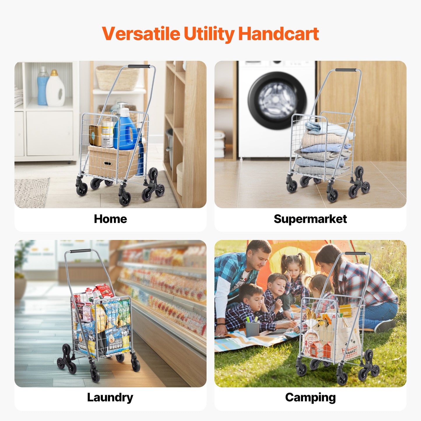 Grocery Shopping Cart, 45L Stair Climbing Shopping Cart with 360° Rolling Swivel Wheels, Stair Climber Utility Cart with Tri-Wheels, Foldable Collapsible & Lightweight for Laundry Travel, Silver