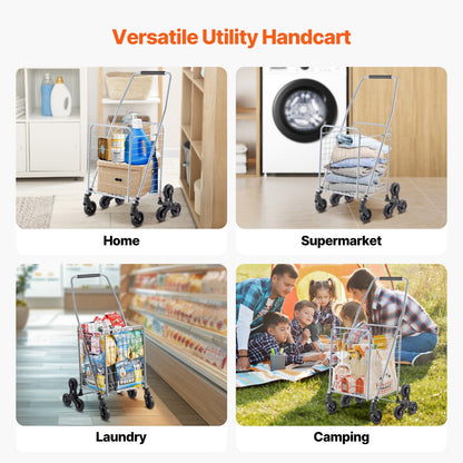 Grocery Shopping Cart, 45L Stair Climbing Shopping Cart with 360° Rolling Swivel Wheels, Stair Climber Utility Cart with Tri-Wheels, Foldable Collapsible & Lightweight for Laundry Travel, Silver