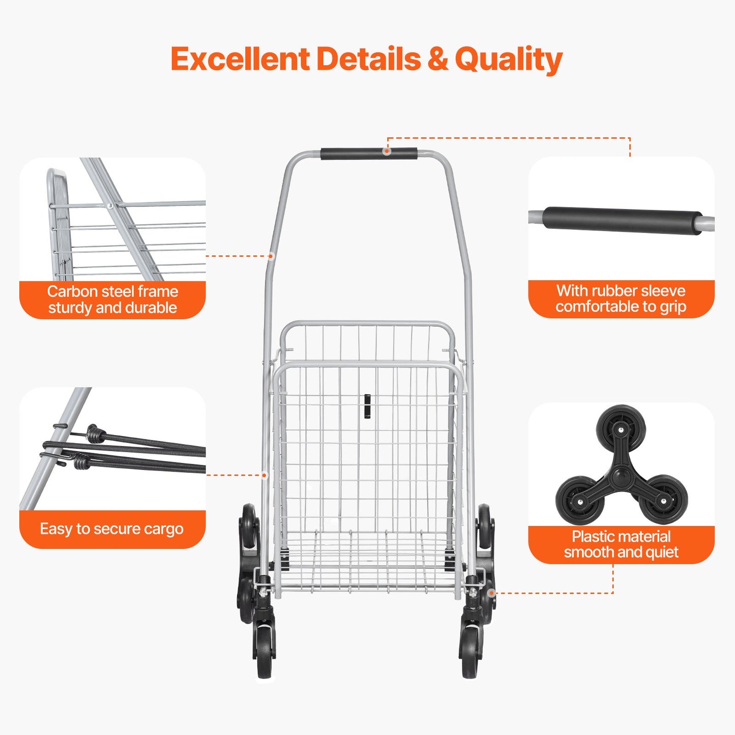Grocery Shopping Cart, 45L Stair Climbing Shopping Cart with 360° Rolling Swivel Wheels, Stair Climber Utility Cart with Tri-Wheels, Foldable Collapsible & Lightweight for Laundry Travel, Silver