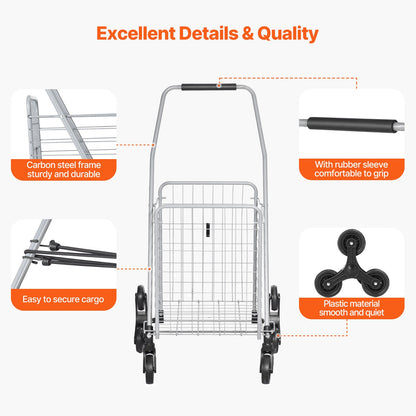 Grocery Shopping Cart, 45L Stair Climbing Shopping Cart with 360° Rolling Swivel Wheels, Stair Climber Utility Cart with Tri-Wheels, Foldable Collapsible & Lightweight for Laundry Travel, Silver