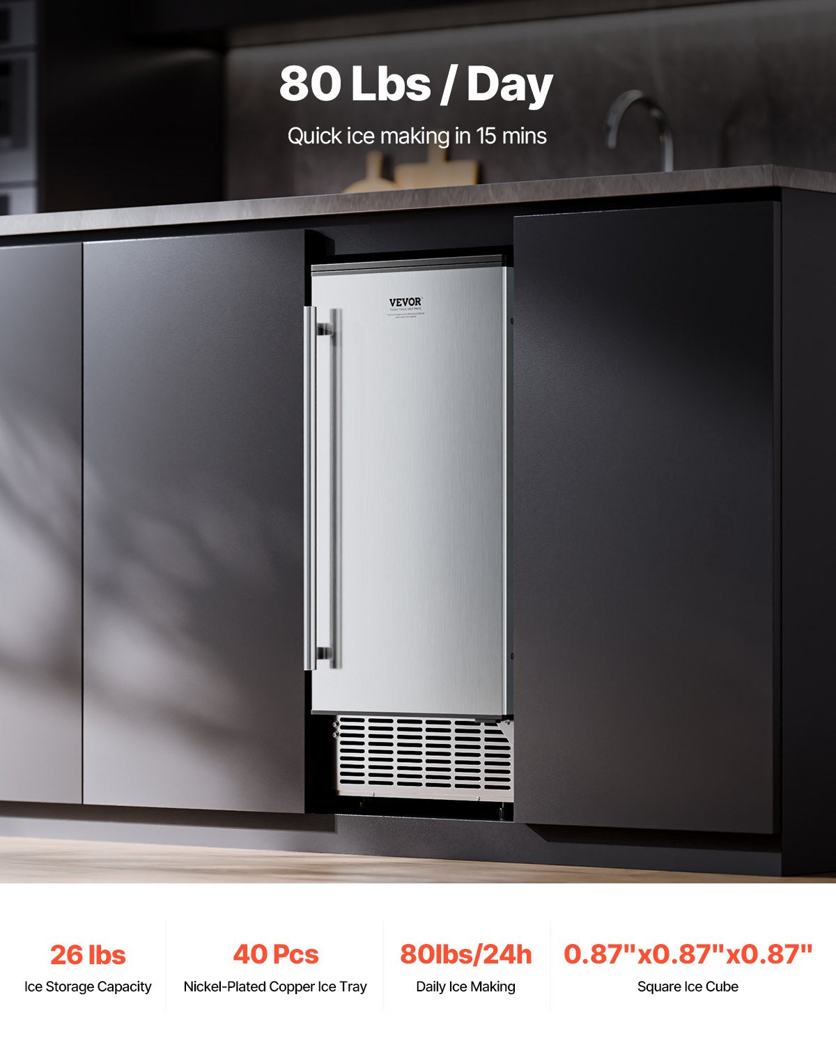 Inbyggd ismaskin för underbänkskiva, 80 lbs/dag Ismaskin för underbänkskiva med avloppspump, vändbar dörr, rostfritt stål, fristående ismaskin för kommersiellt hemkök