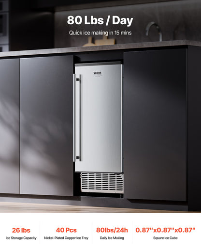 Inbyggd ismaskin för underbänkskiva, 80 lbs/dag Ismaskin för underbänkskiva med avloppspump, vändbar dörr, rostfritt stål, fristående ismaskin för kommersiellt hemkök