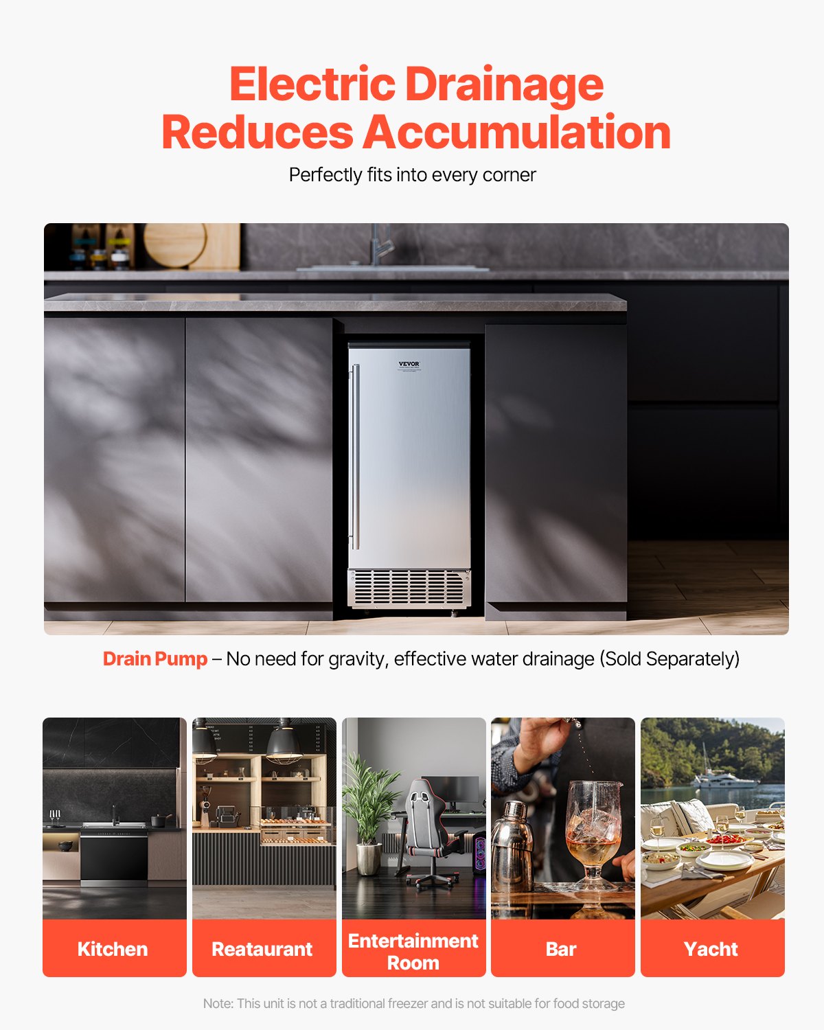 Inbyggd ismaskin för underbänkskiva, 80 lbs/dag Ismaskin för underbänkskiva med avloppspump, vändbar dörr, rostfritt stål, fristående ismaskin för kommersiellt hemkök