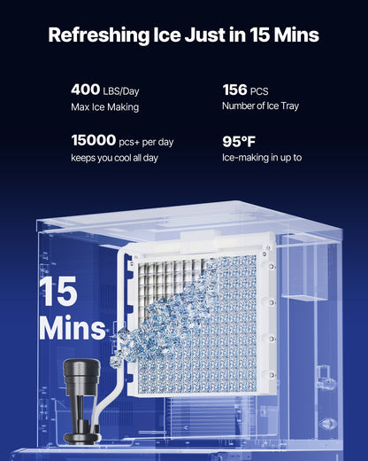 Commercial Ice Maker, 400 Lbs/Day Ice Maker Machine, 180 Lbs Large Ice Storage Bin with 20 Lbs/Min Automatic Ice Dispensing, Self-Cleaning Ice Machine with Touchscreen for Bar, Cafe, Restaurant