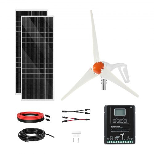 12V 400W solenergipaket för vindkraft, 2 st 100W monokristallina solpaneler + 200W vindturbin + MPPT vind-/solhybridsystemregulator för hemma, husbil, båt, camping, off-grid-applikationer