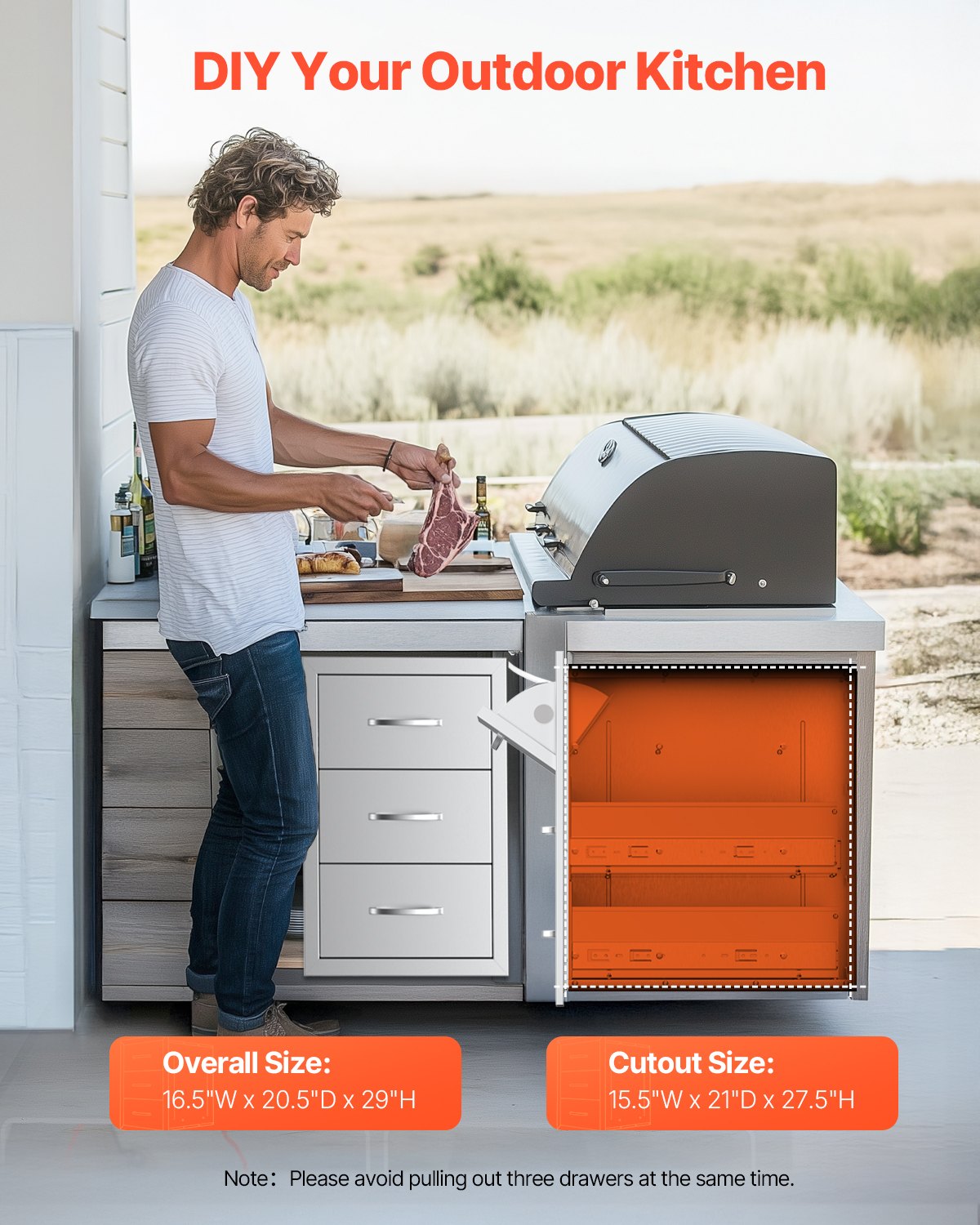 Outdoor Kitchen Drawers, 16.5"W x 29"H x 20.5"D Triple Access Drawers, Stainless Steel Flush Mount Cabinets, BBQ Island Drawers Storage with Paper Towel Holder & Handle, for Patio Grill Station