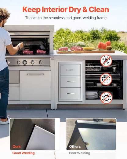 Outdoor Kitchen Drawers, 16.5"W x 29"H x 20.5"D Triple Access Drawers, Stainless Steel Flush Mount Cabinets, BBQ Island Drawers Storage with Paper Towel Holder & Handle, for Patio Grill Station